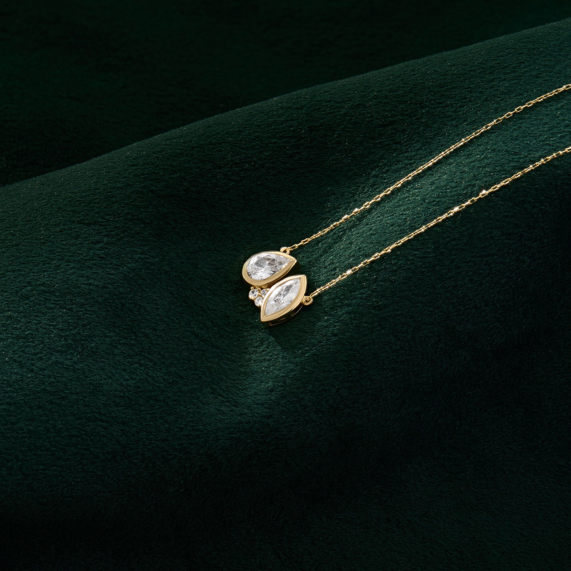 Real Yellow Gold Pear Marquise Moissanite Duo Necklace