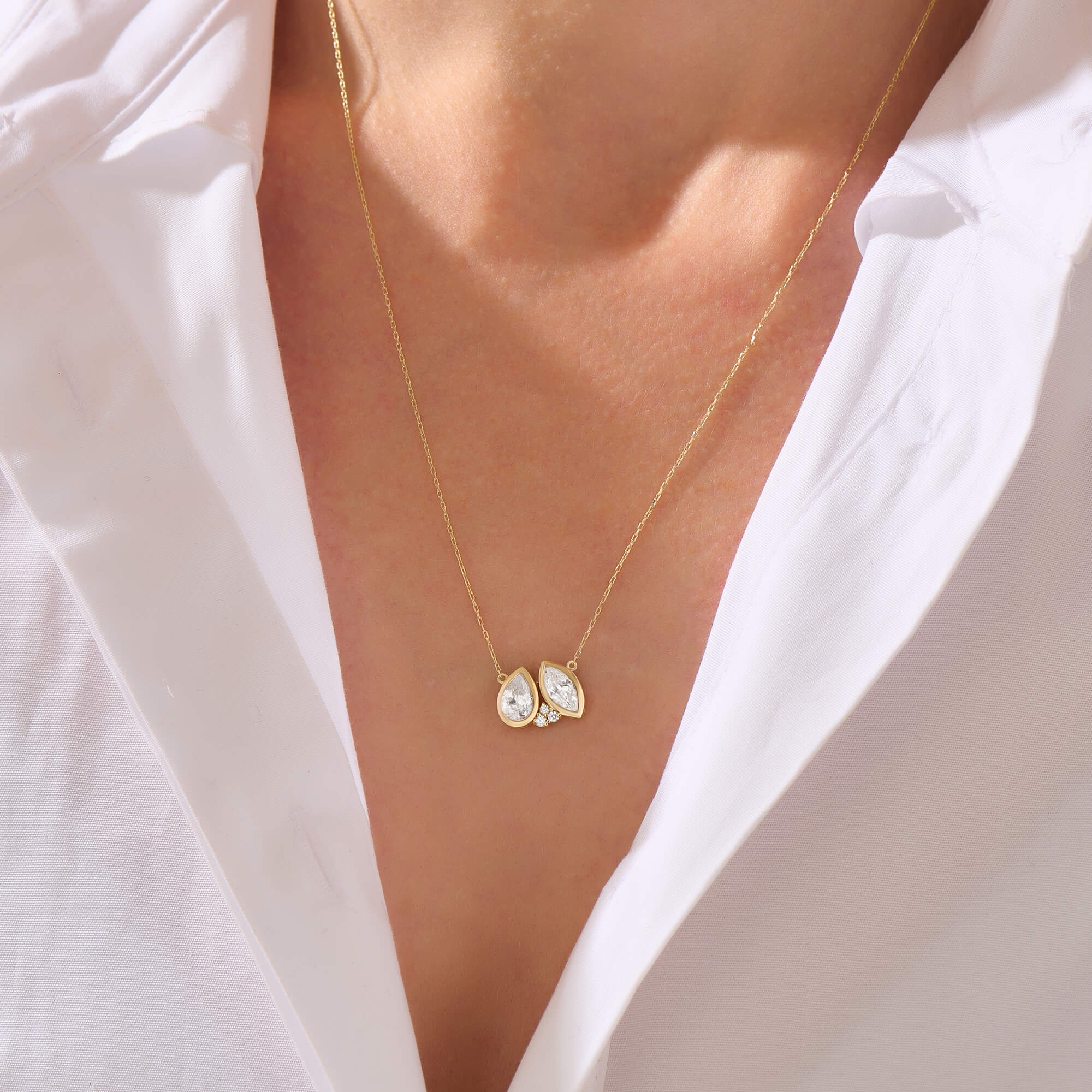 Women's Real Gold Pear Marquise Moissanite Duo Necklace