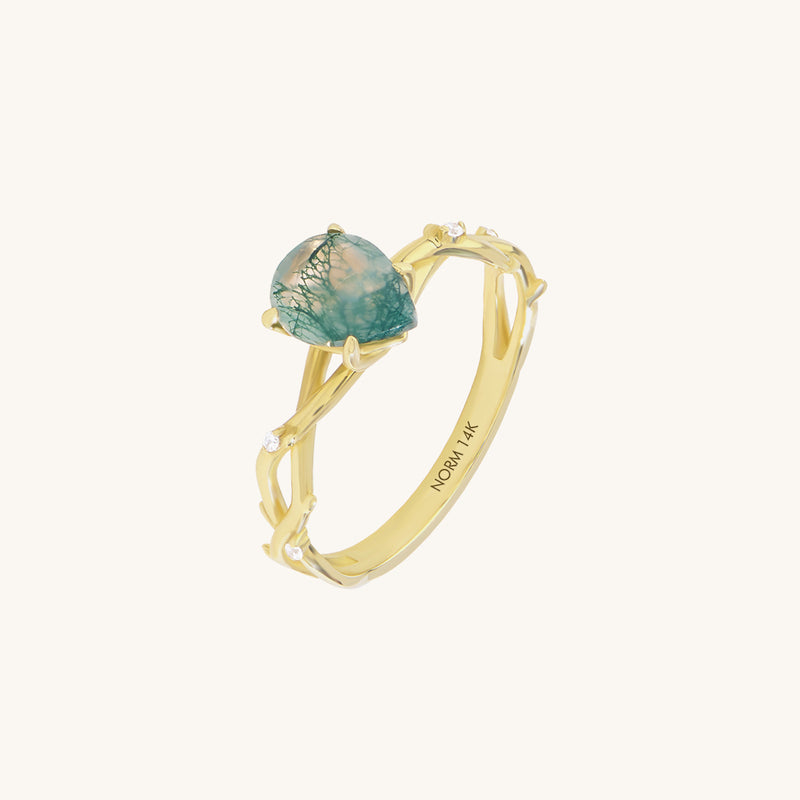 Pear Moss Agate Solitaire Twig Ring in 14k Real Yellow Gold
