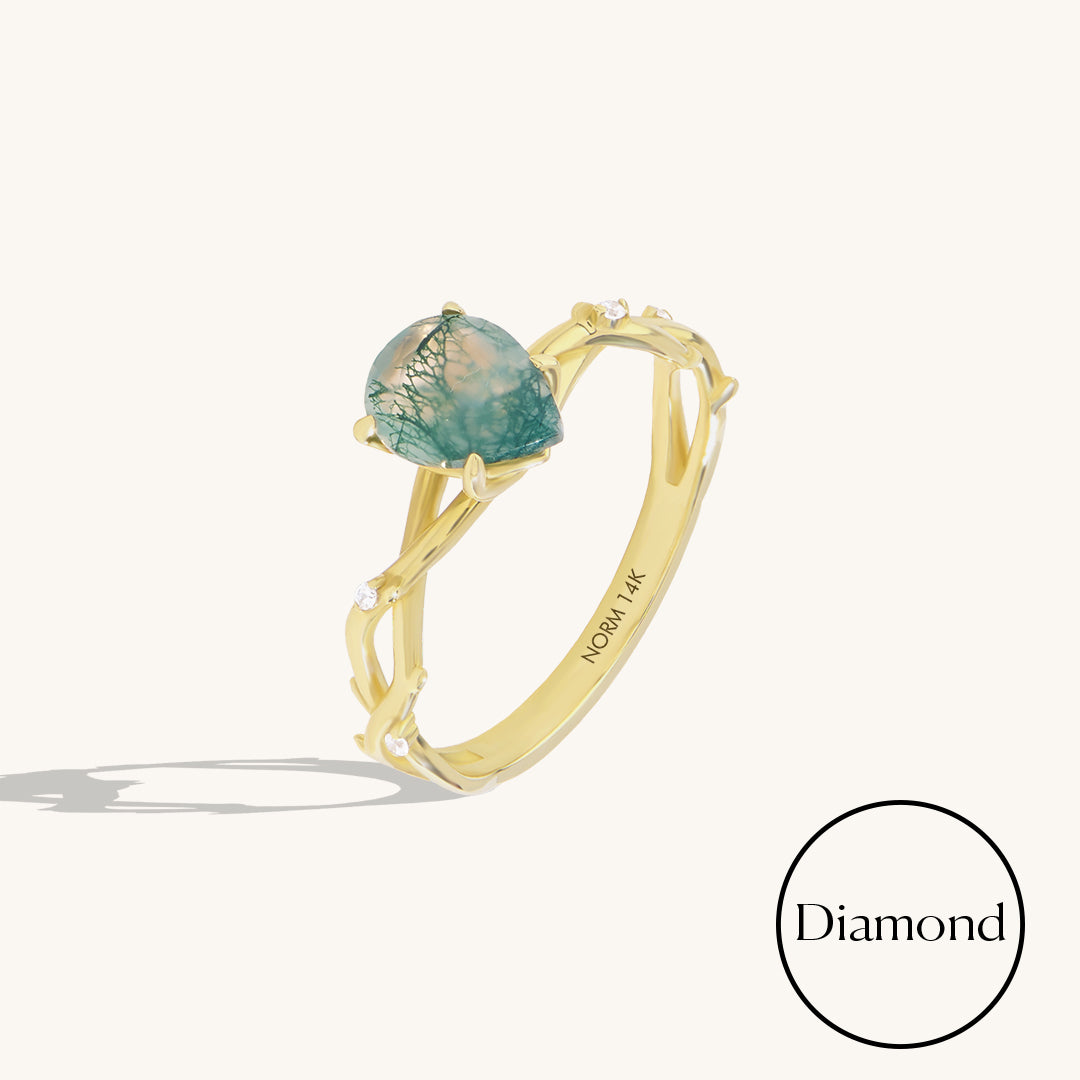 14K Real Gold Nature Inspired 1ct Pear Moss Agate Ring
