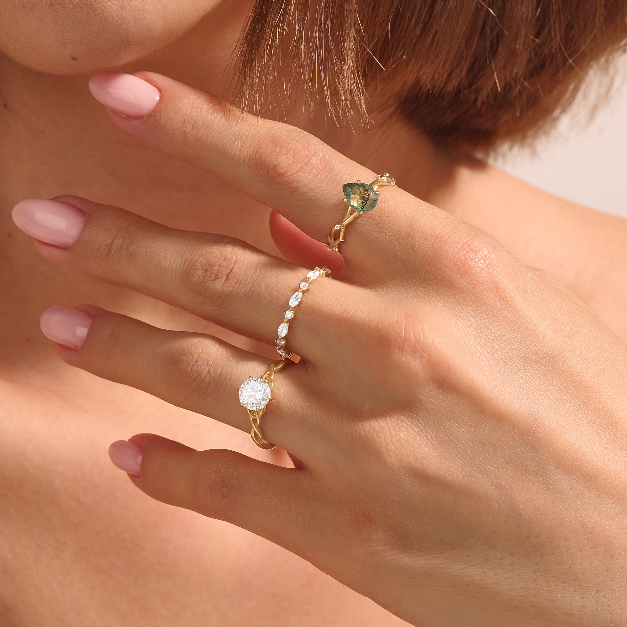 Pear Moss Agate Solitaire Twig Ring in 14k Real Gold