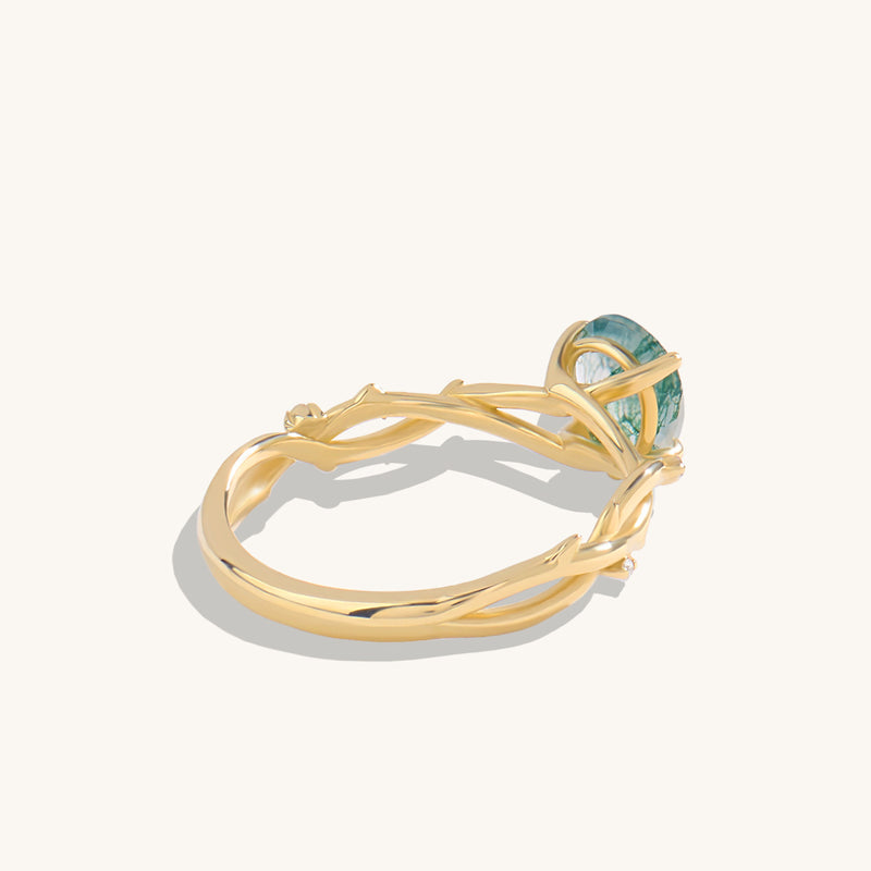 Pear Moss Agate Solitaire Twig Ring in 14k Solid Gold