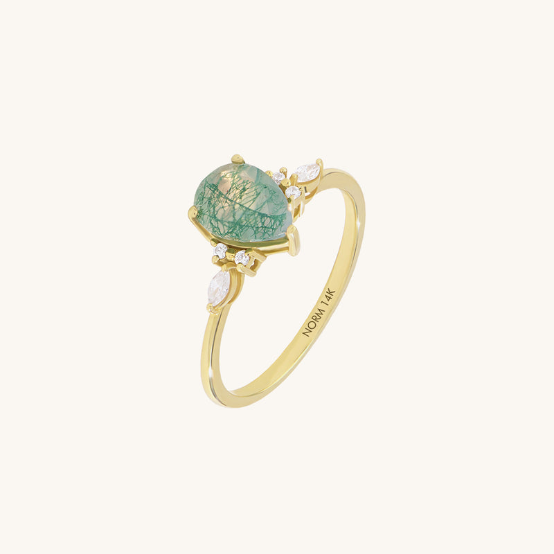 Pear Cut Moss Agate & Diamond Engagement Ring in 14K Real Gold
