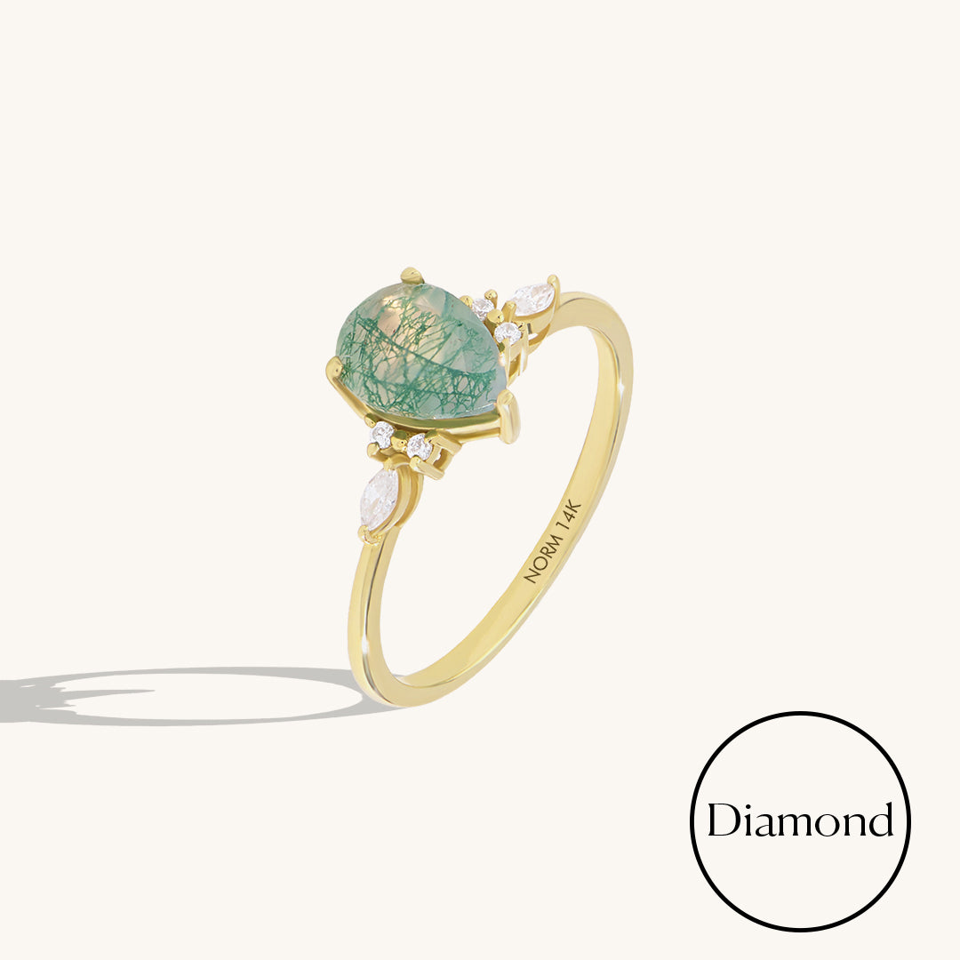 1ct Pear Moss Agate and 0.11ctw Diamond Engagement Ring in 14k Real Gold