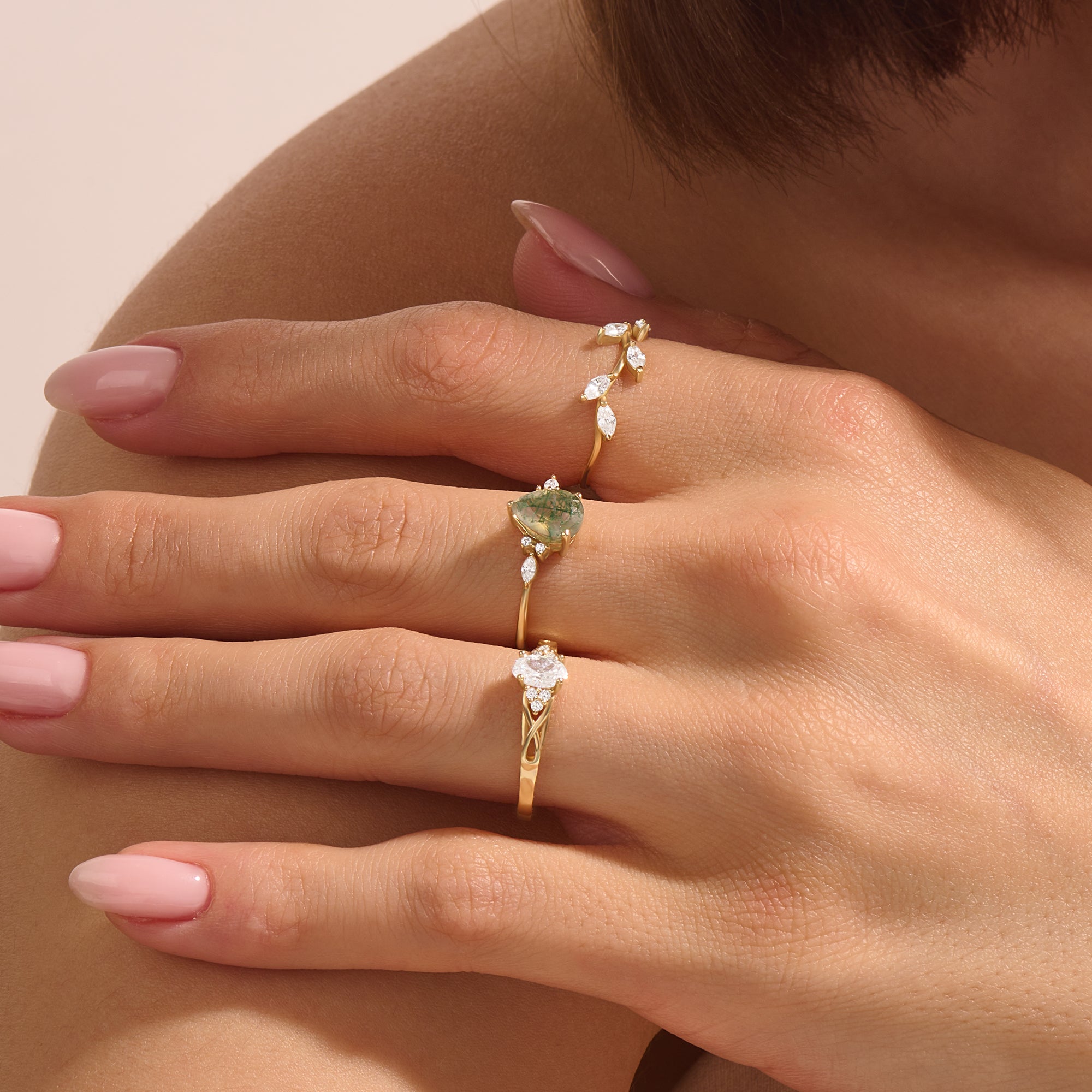 1ct Pear Moss Agate and 0.11ctw Diamond Engagement Ring in 14k Solid Yellow Gold