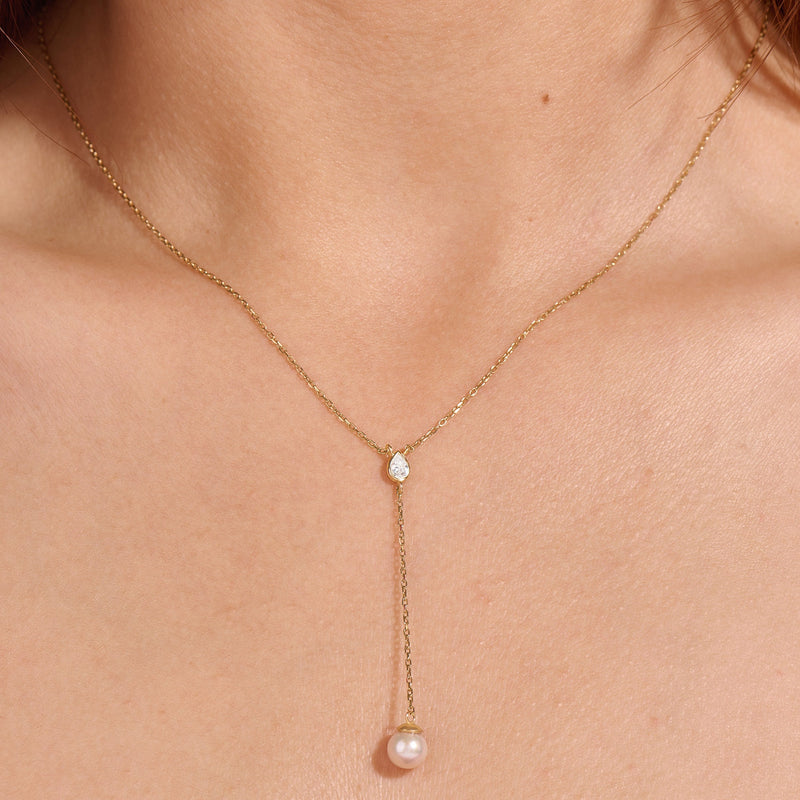 14K Solid Gold Pearl Drop Necklace