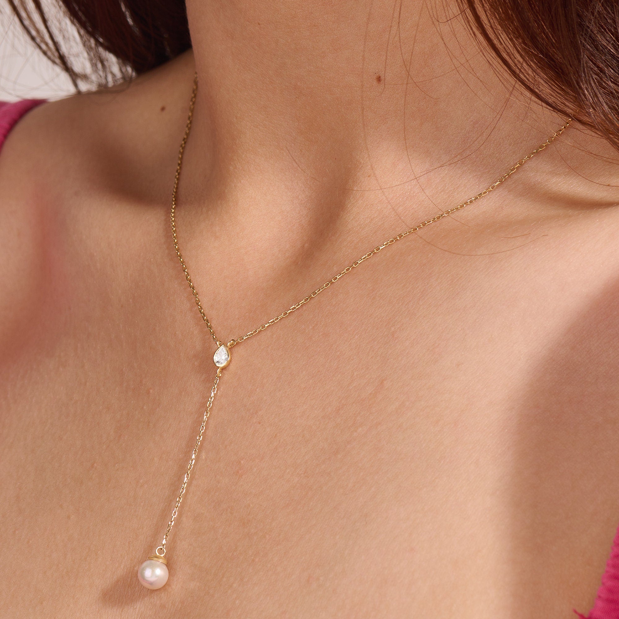 14K Real Yellow Gold Pearl Drop Necklace