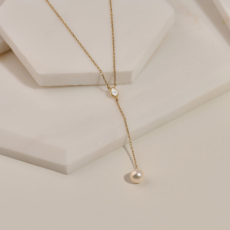 14K Solid Yellow Gold Pearl Drop Necklace