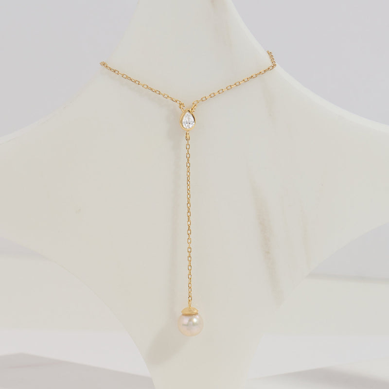 14k Solid Yellow Gold Dainty Pearl Drop Necklace