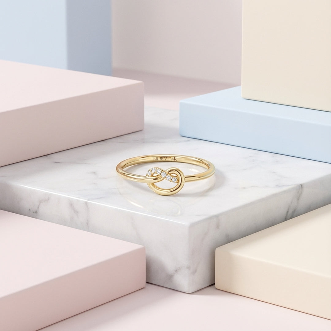 Diamond Paved Premium Knot Ring in Solid Yellow Gold