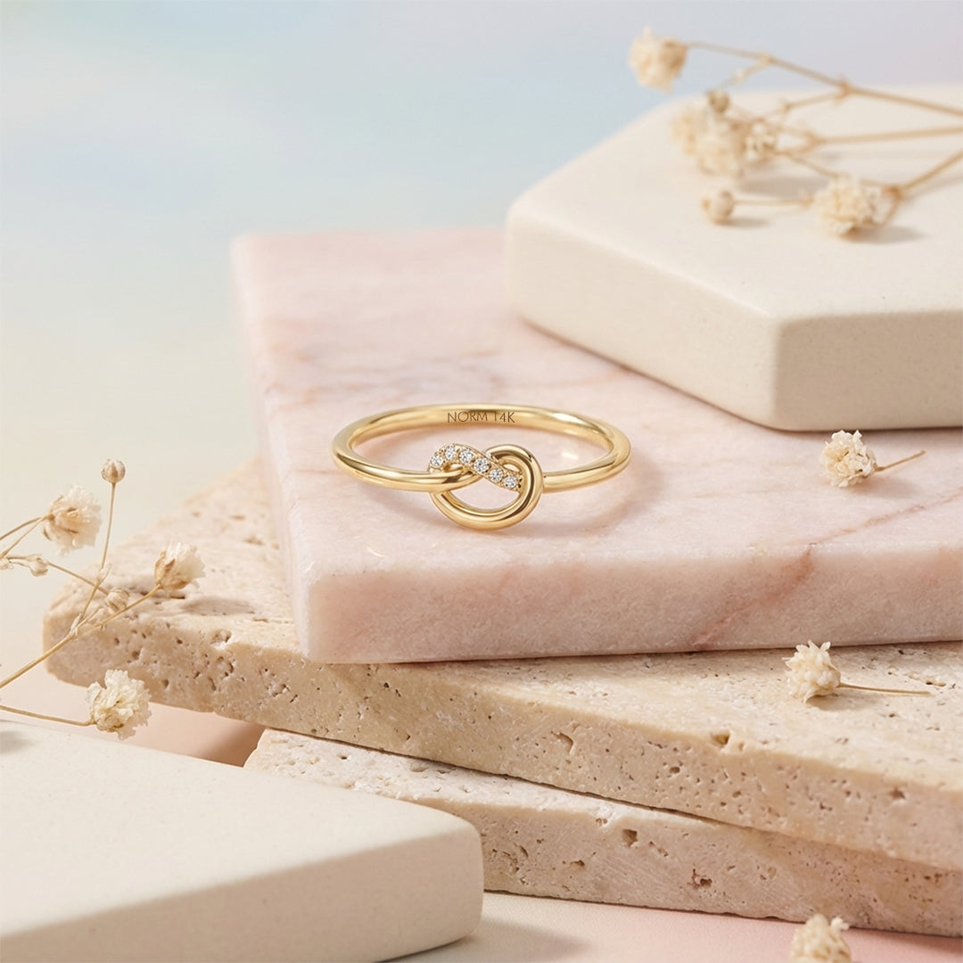 Solid Yellow Gold Premium Diamond Knot Ring