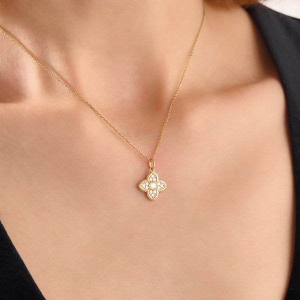 Women's Princess Flower Necklace in 14K Real Yellow Gold