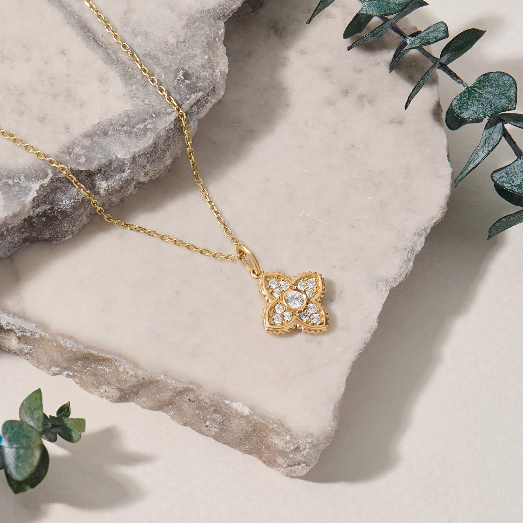 Princess Flower Necklace in 14K Solid Yellow Gold with CZ