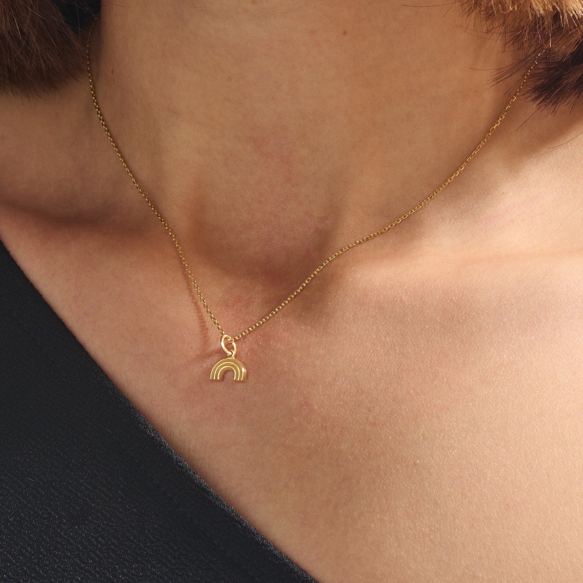 14K Real Yellow Gold Rainbow Charm Necklace for Women