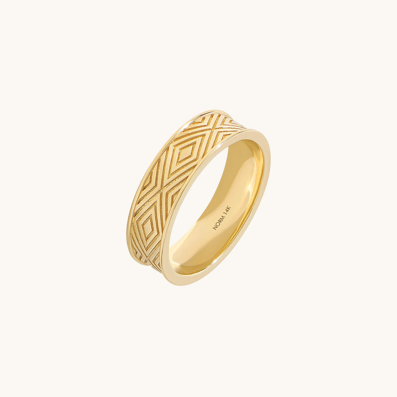 Rhombus Engraved Band Ring in 14k Solid Yellow Gold