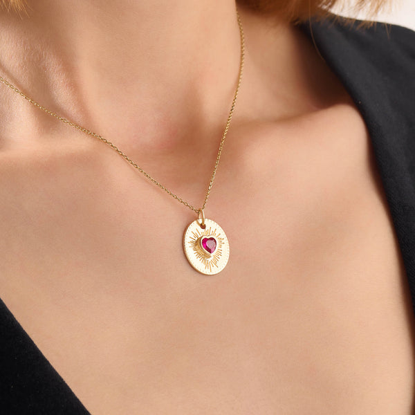 Women's Ruby Heart Sunburst Necklace in 14K Real Yellow Gold