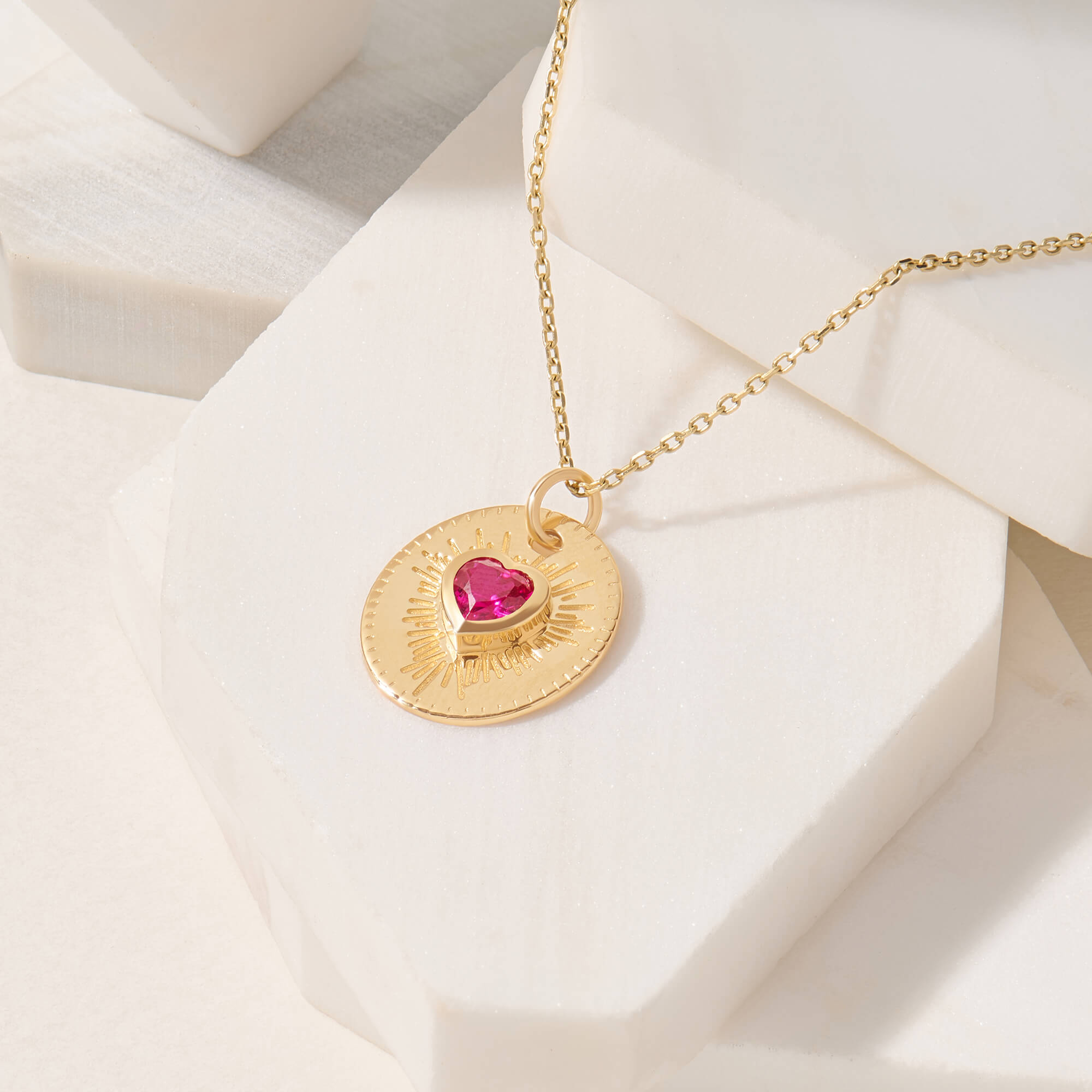 Ruby Heart Sunburst Necklace in 14K Real Yellow Gold