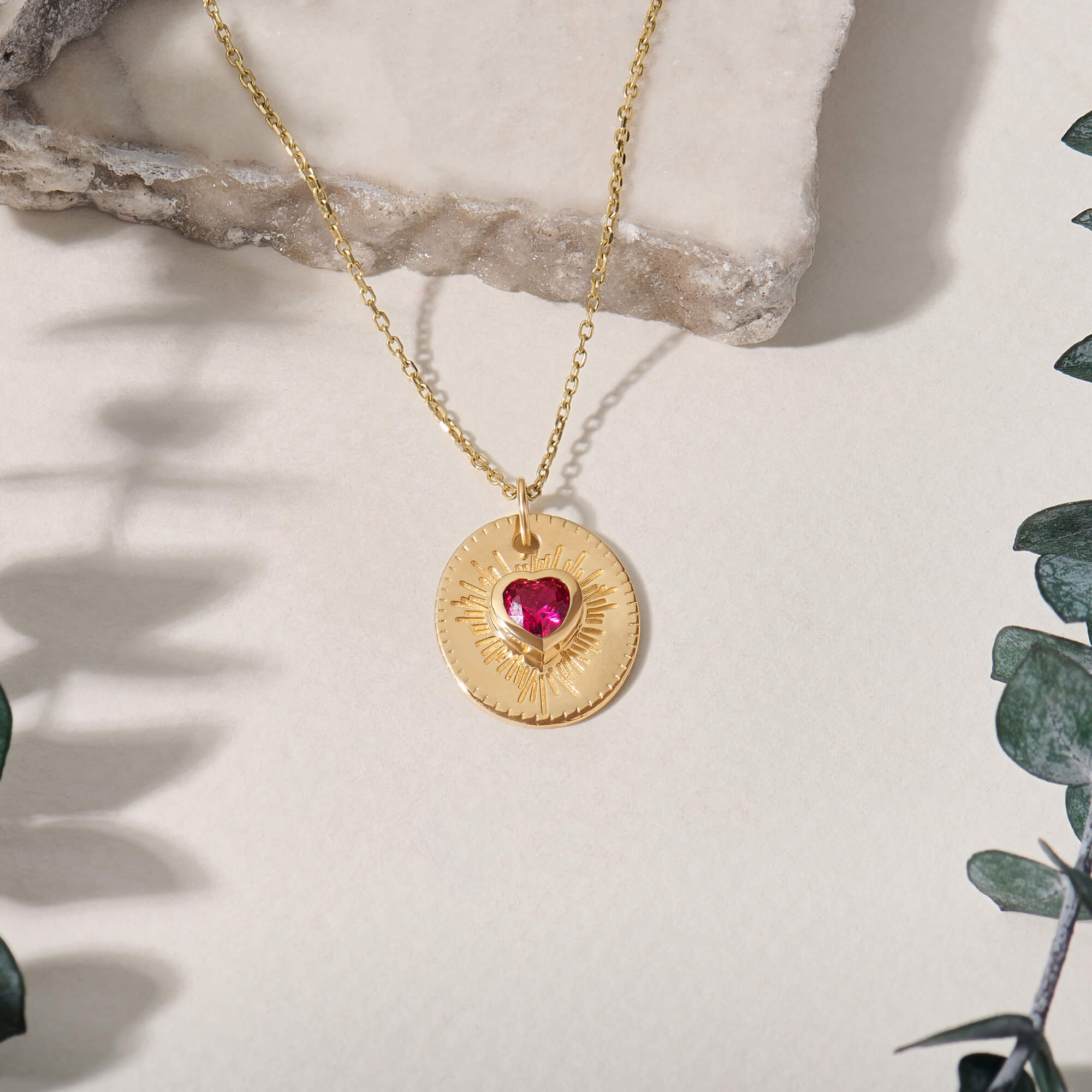Heart Sunburst Design Necklace in 14K Solid Gold with Ruby Stone