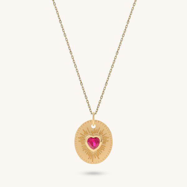 Ruby Heart Sunburst Necklace in 14K Solid Gold