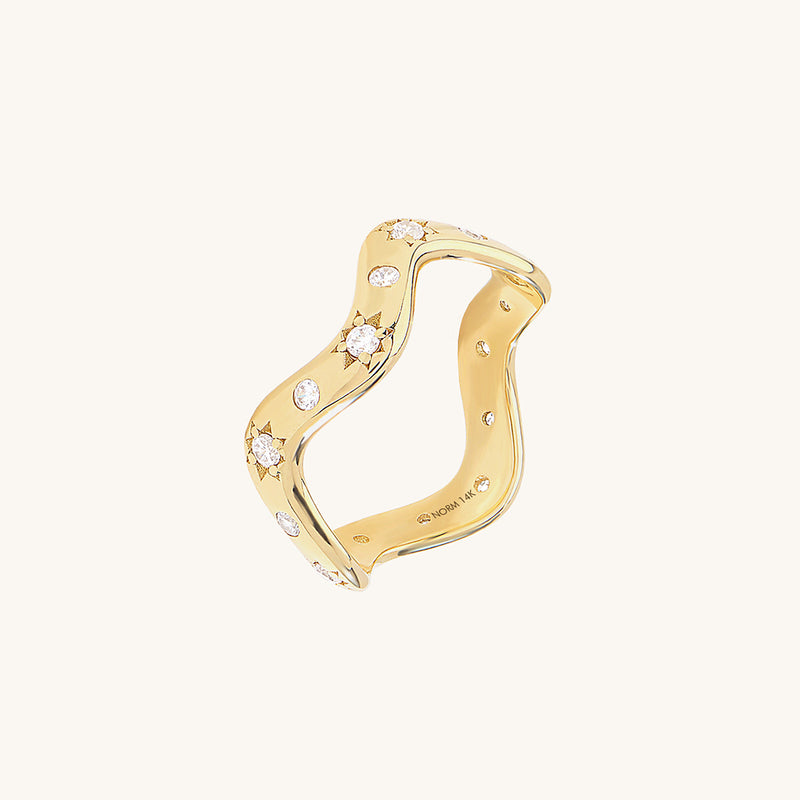 14K Real Gold Wave Ring Paced with Stars