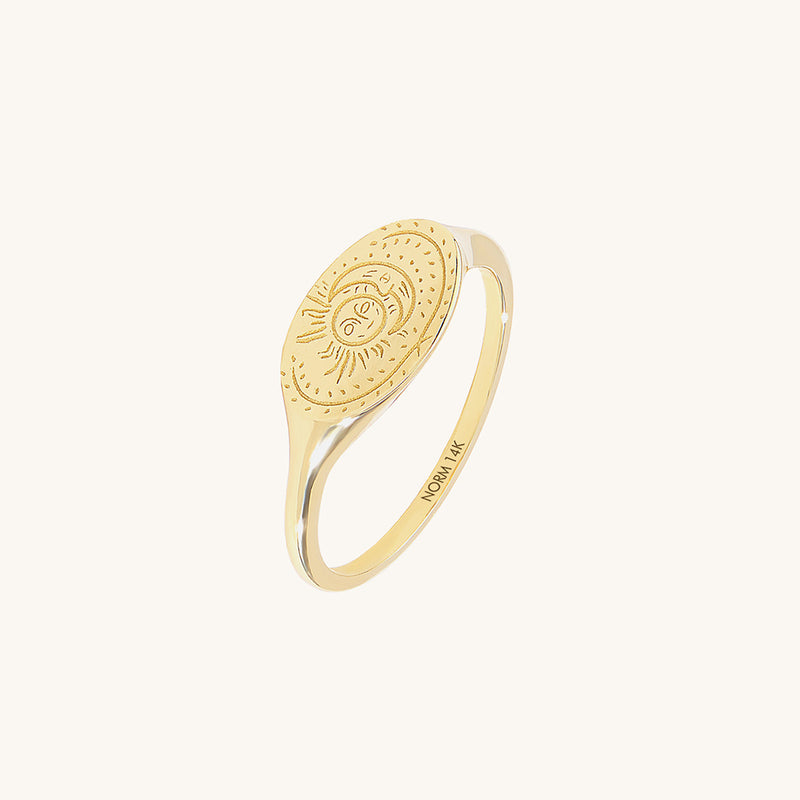 14K Solid Gold Sun and Moon Signet Ring