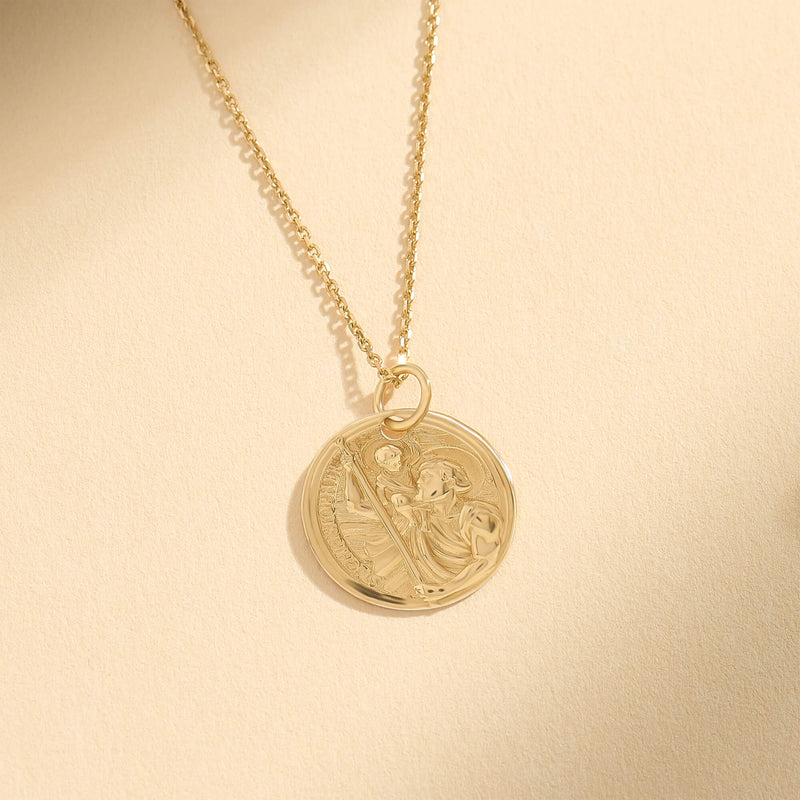 Women's Saint Christopher Coin Necklace in 14k Solid Yellow Gold