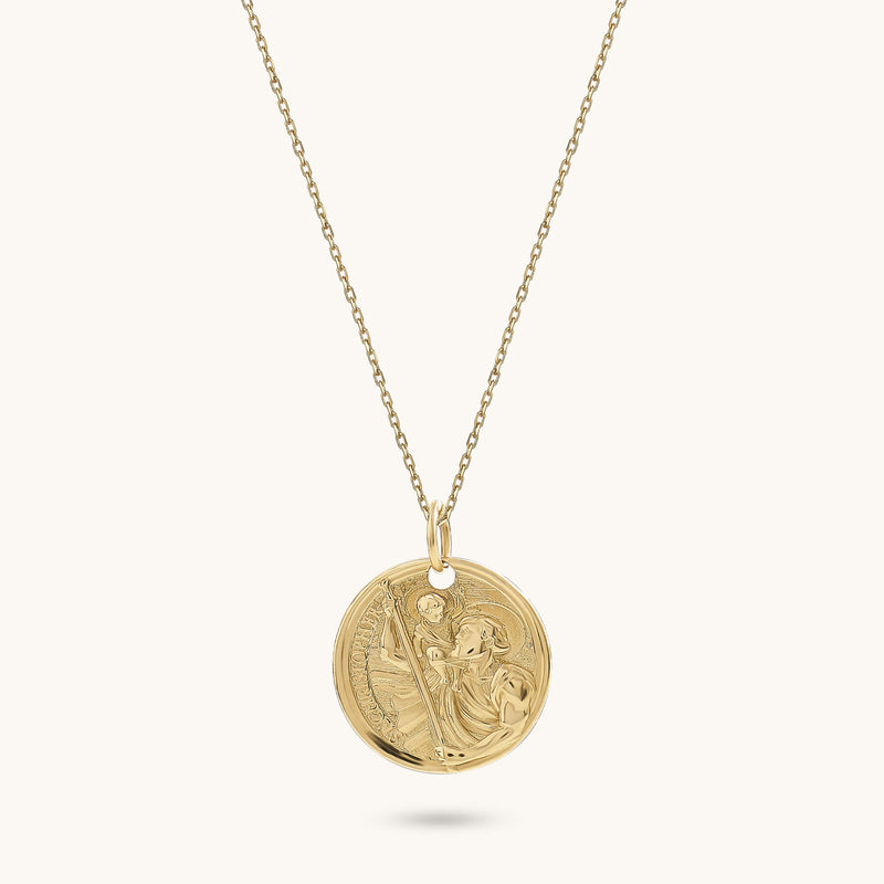 Saint Christopher Coin Necklace in 14k Real Yellow Gold