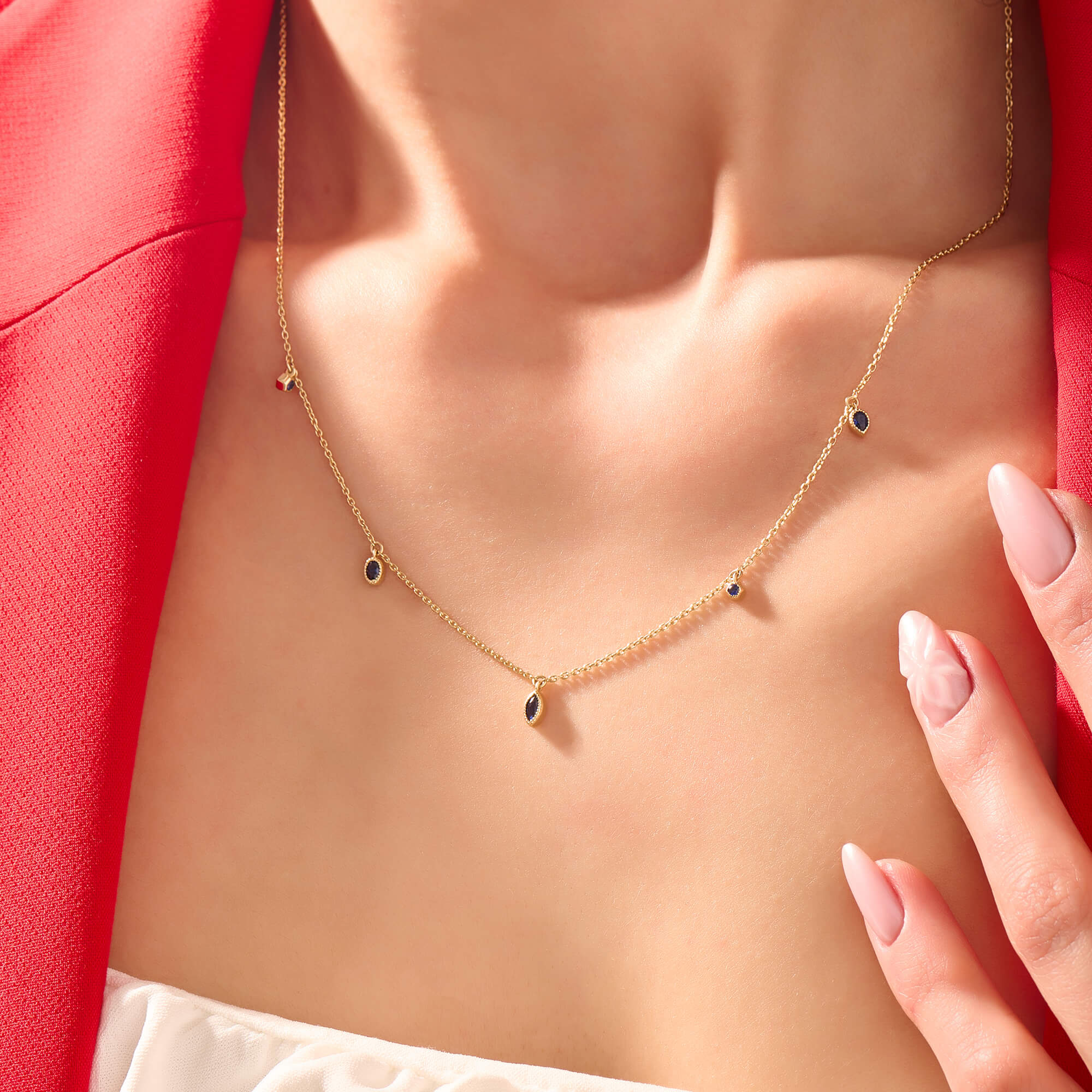 Women's Sapphire Bezel Station Necklace in 14K Yellow Gold