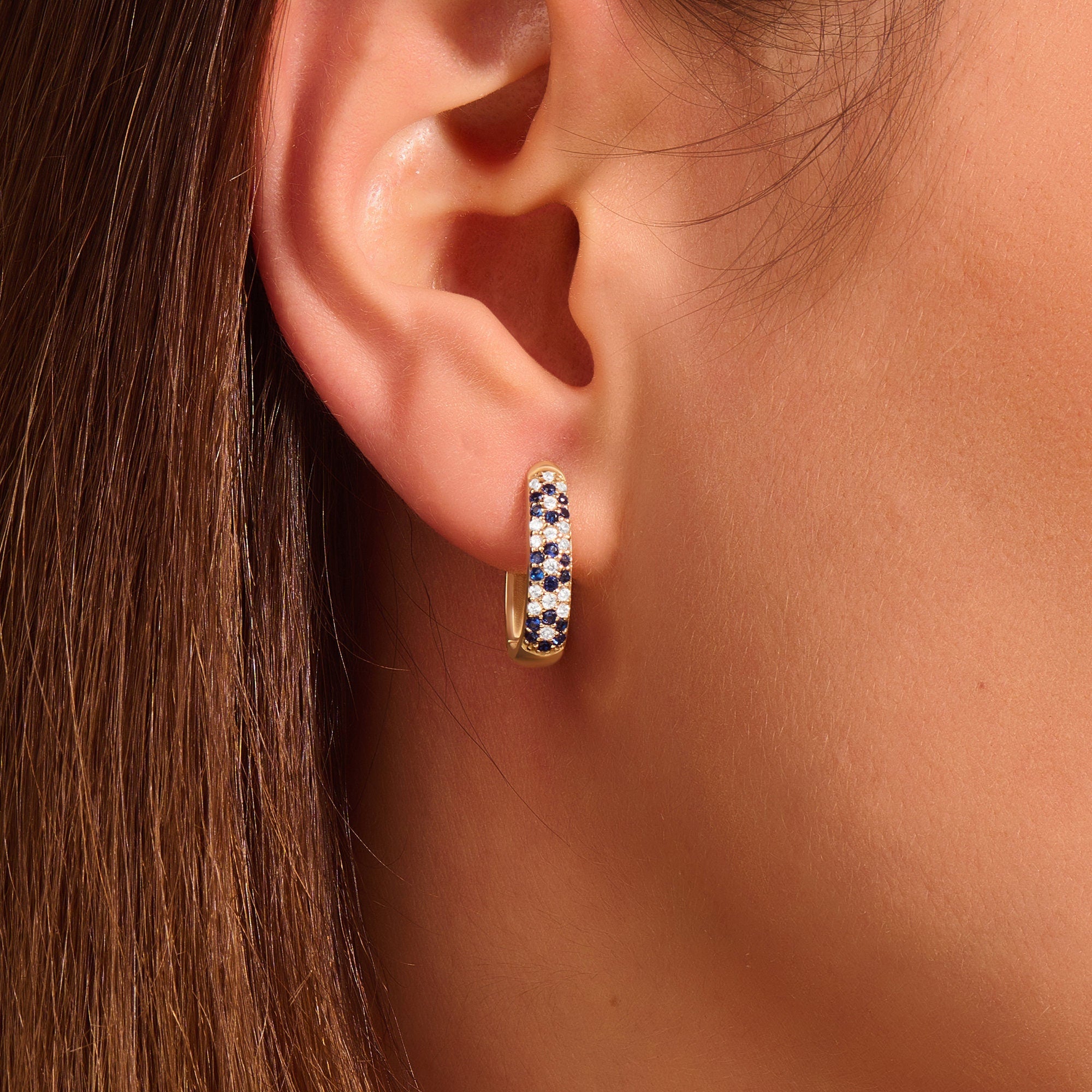 14K Real Gold Sapphire Daisy Floral Huggie Earrings