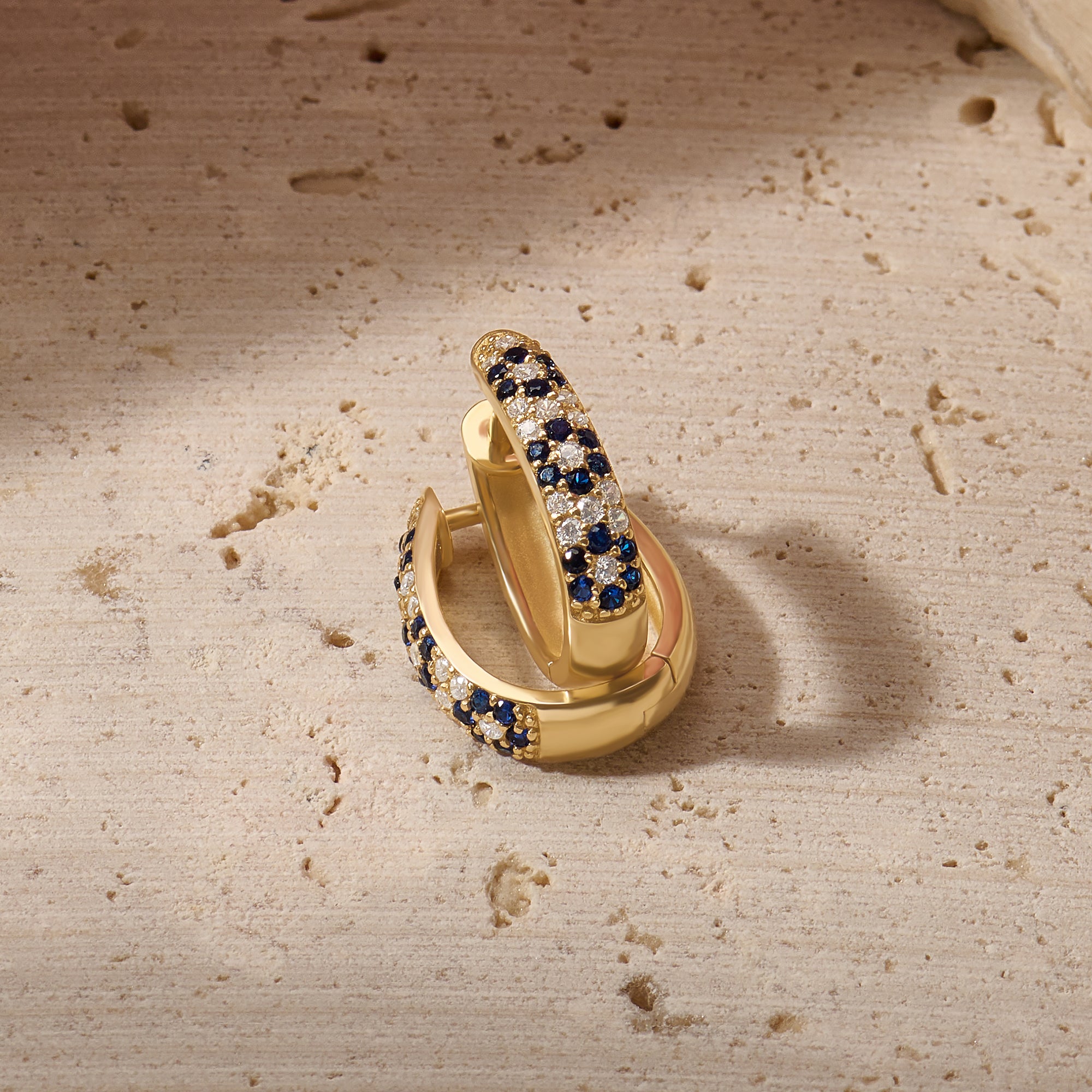 14K Real Yellow Gold Sapphire Daisy Floral Huggie Earrings