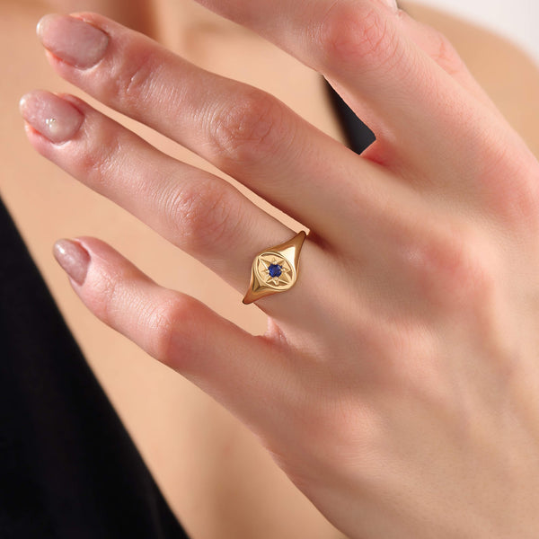 Women's Sapphire North Star Signet Ring in 14K Real Yellow Gold