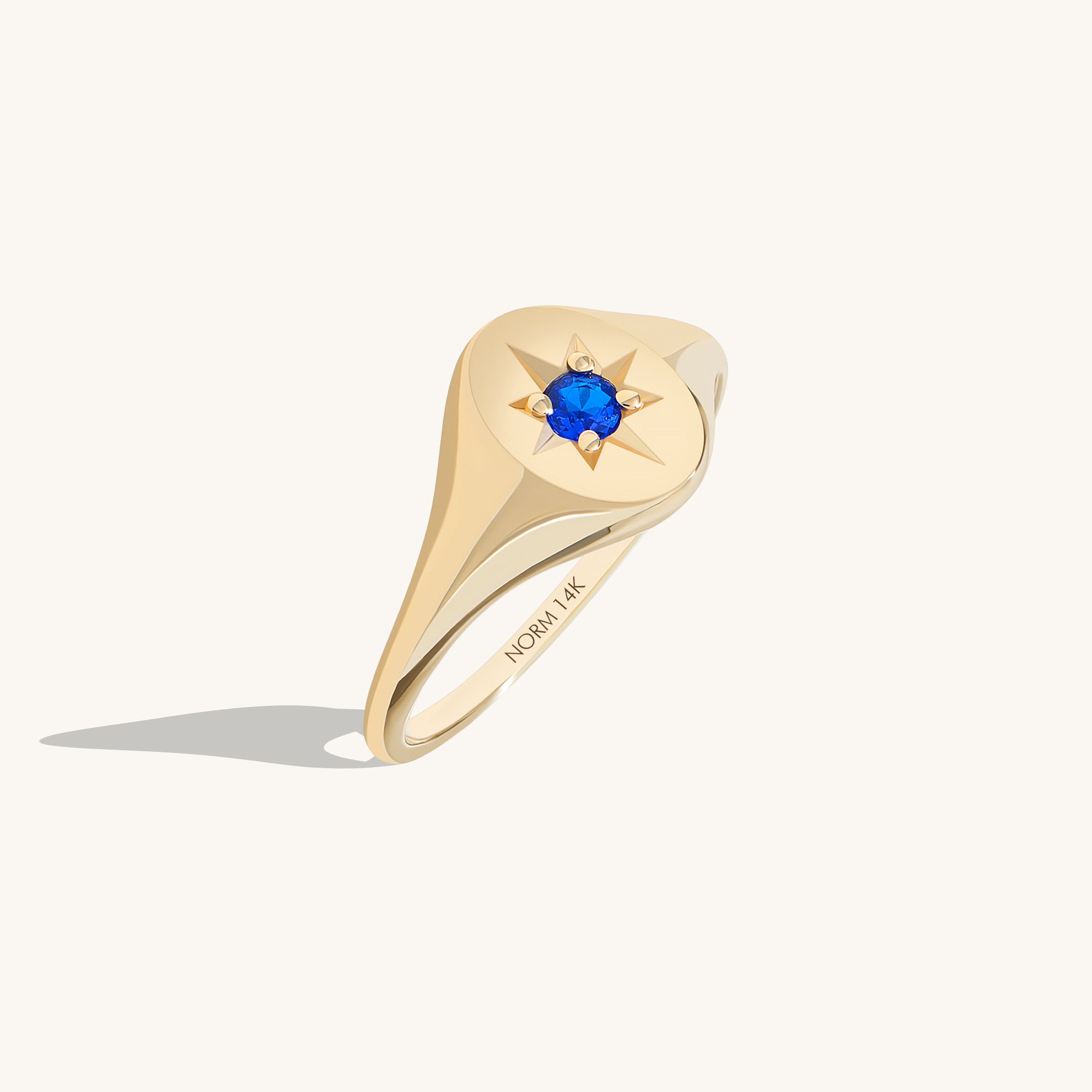 Sapphire North Star Signet Ring in 14K Solid Gold
