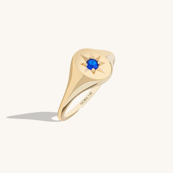 Sapphire North Star Signet Ring in 14K Solid Gold