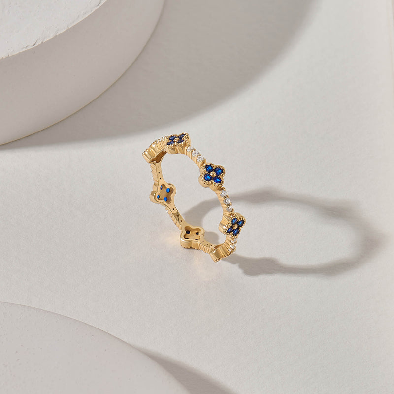 Handset Sapphire Shamrock Stacking Ring in 14K Real Yellow Gold