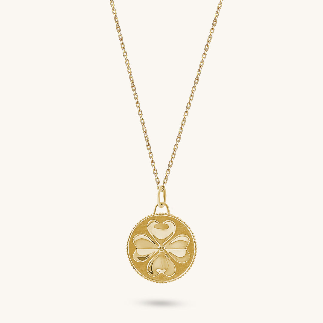 14K Real Yellow Gold Shamrock Coin Necklace