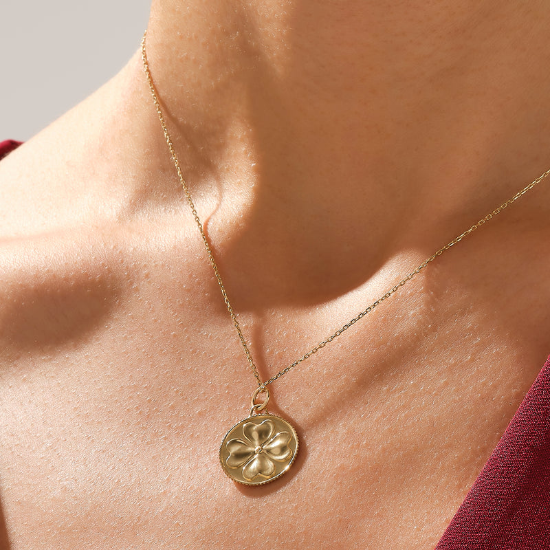 14K Solid Yellow Gold Shamrock Coin Necklace