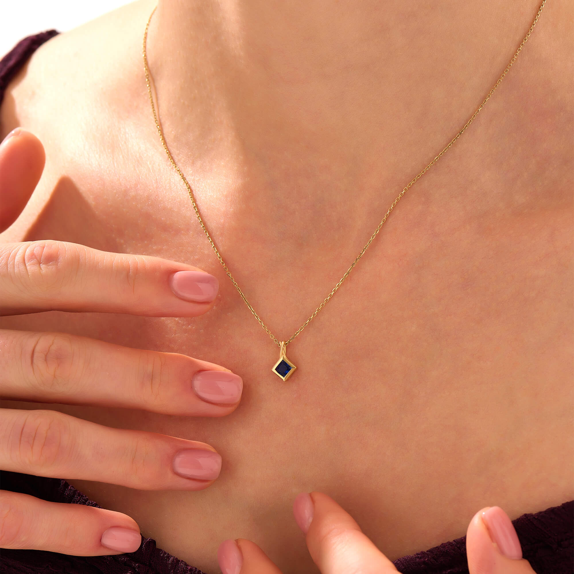 Women's Square Sapphire Design Necklace in 24K Gold Vermeil