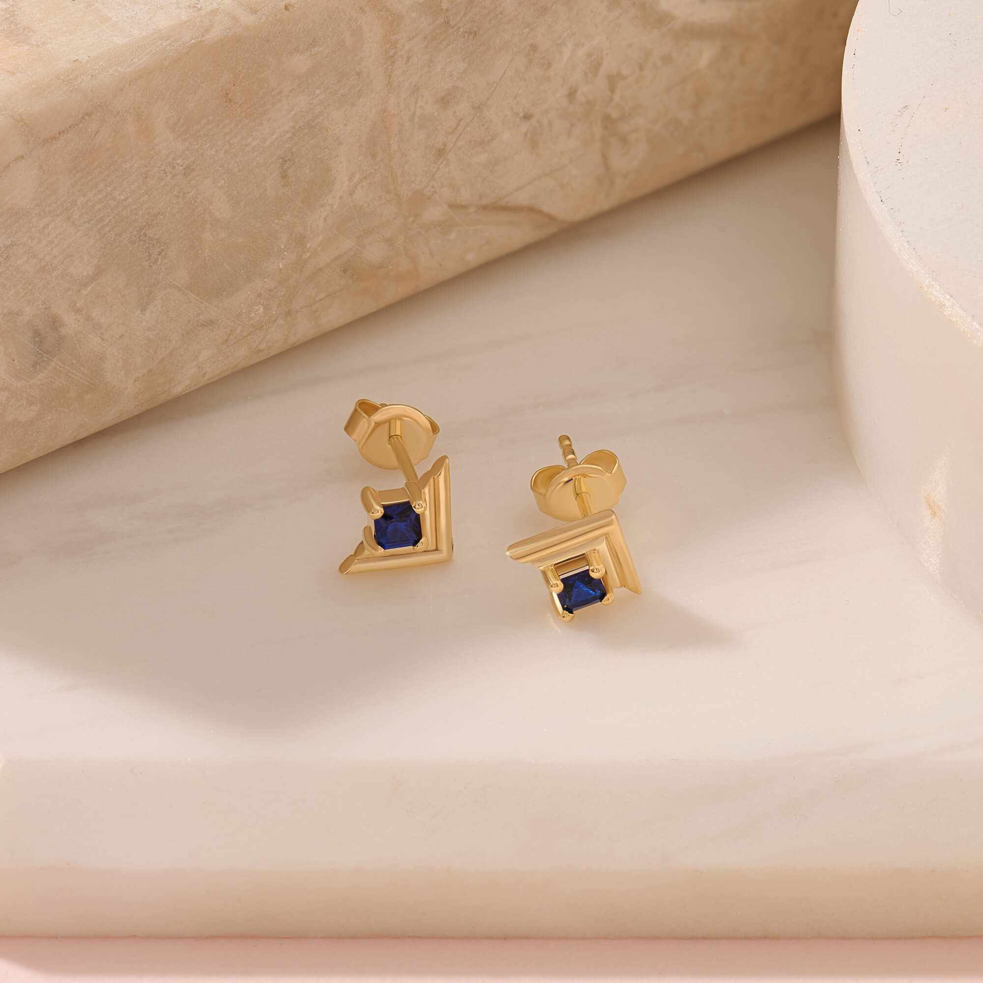 24K Gold Vermeil Square Sapphire Ridged Earrings