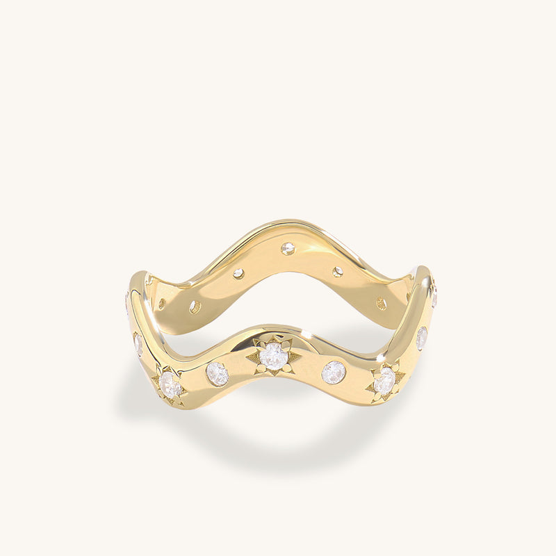 14K Solid Yellow Gold Wave Ring Paced with Stars