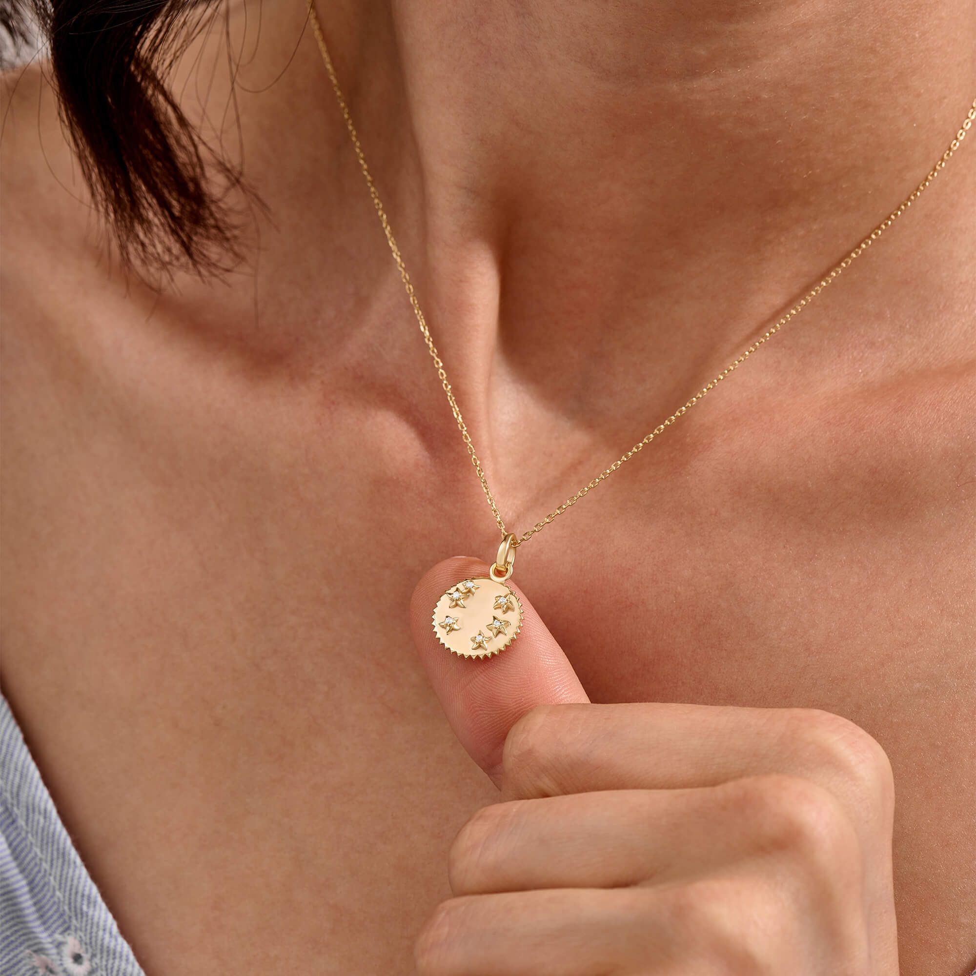 Women's Stars Coin Necklace in Gold Vermeil on 925 Solid Silver