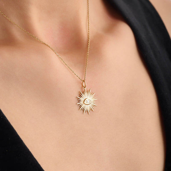 Women's Sunburst Evil Eye Necklace in 14K Solid Gold