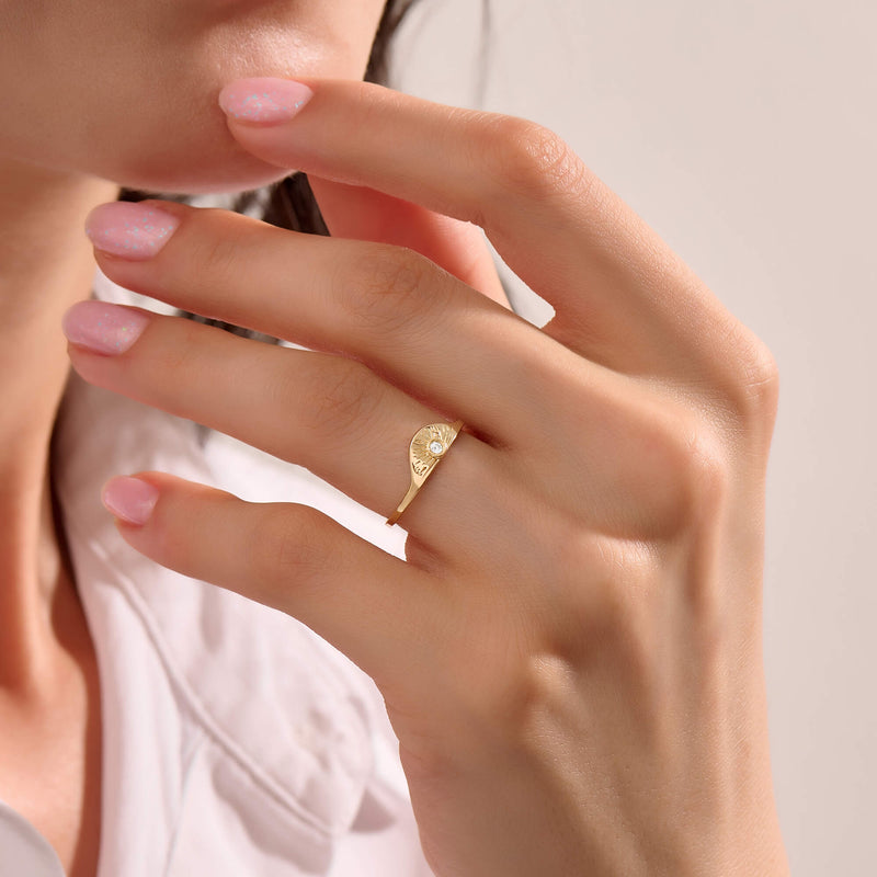 Women's Half Signet Ring with Sun Design in Gold Vermeil on 925 Silver