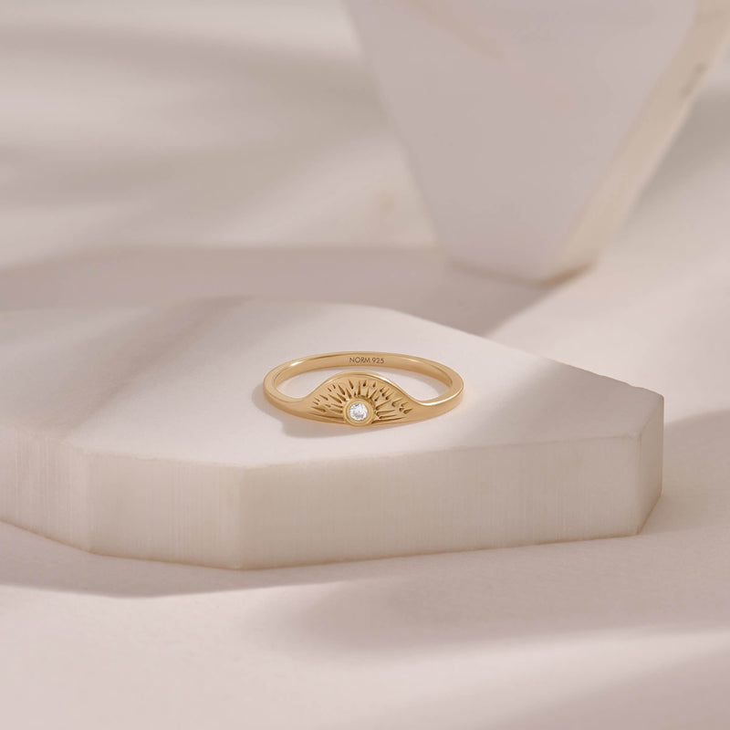 Sun Design Half Signet Ring in Gold Vermeil on 925 Solid Silver