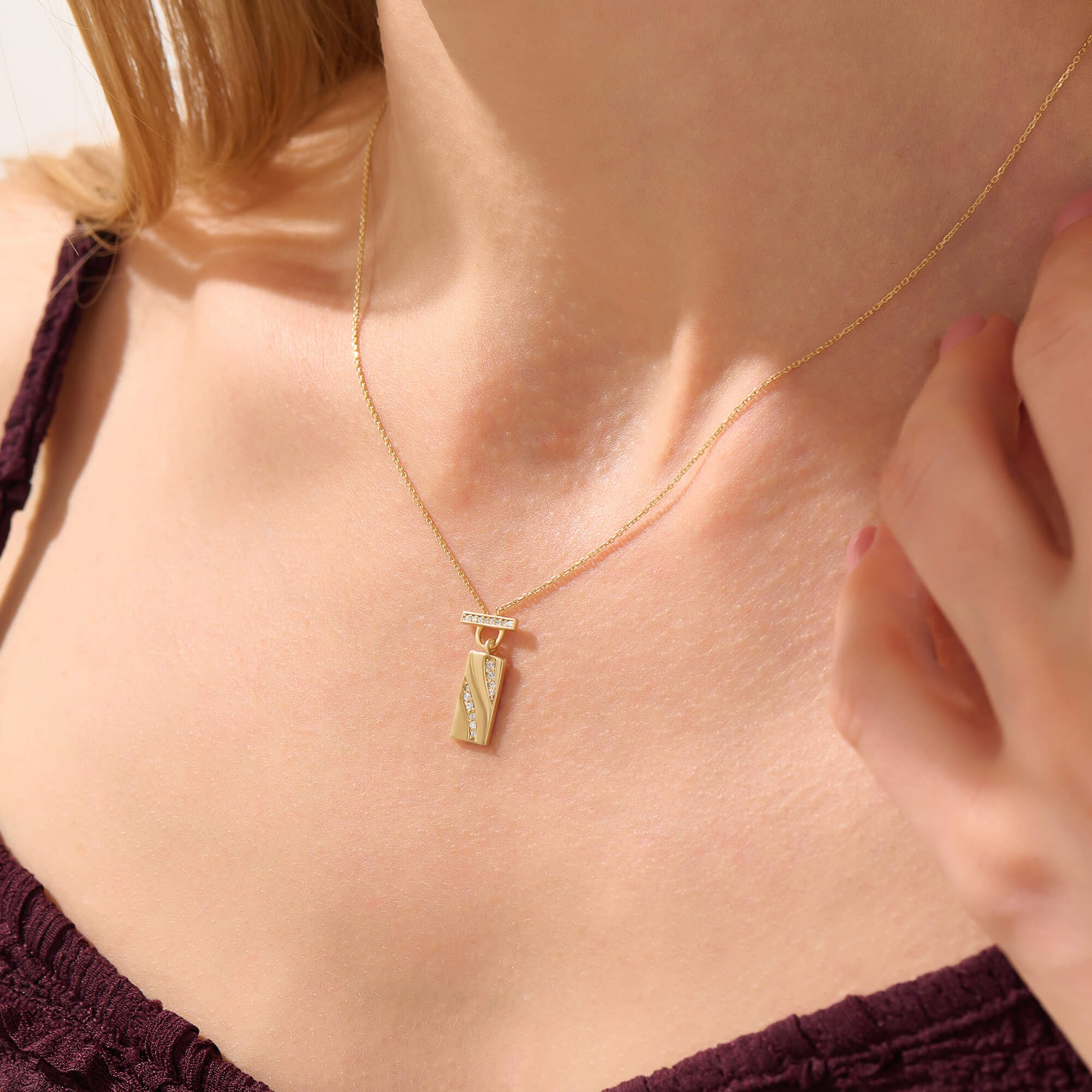 Women's Solid Gold T-Bar Rectangular Diamond Necklace