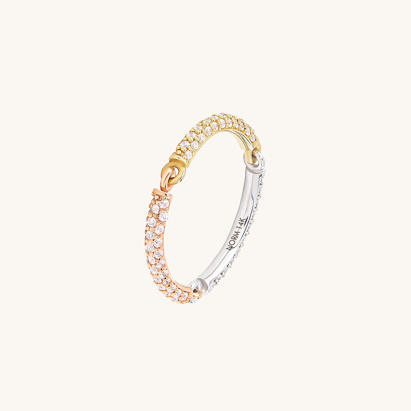 Three Colored Full Pave Link Band Ring in 14K Real Gold