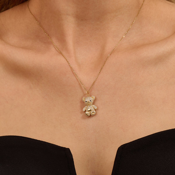 14k Yellow Gold Paved Teddy Bear Necklace for Women