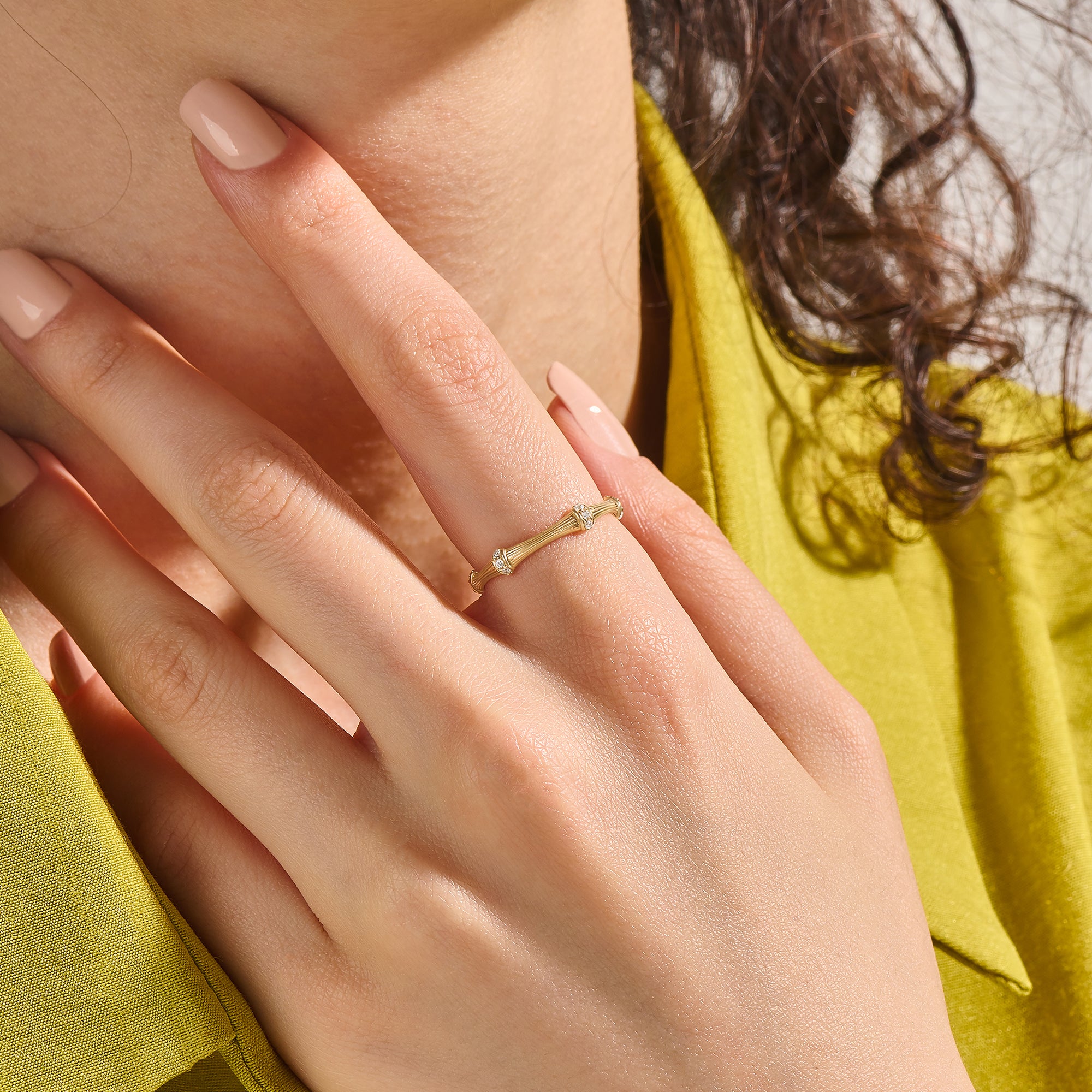Women's 14K Solid Gold Textured Bamboo Ring