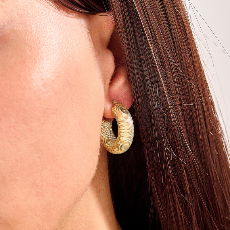 14K Solid Gold Textured Bold Tube Hoop Earrings