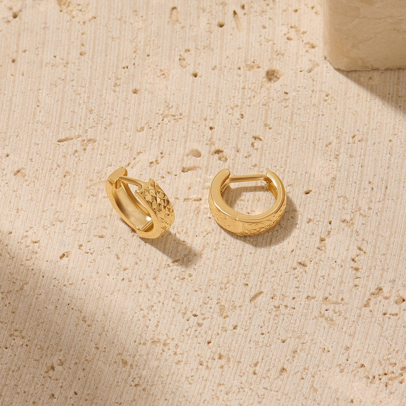 Textured Wide Huggie Hoop Earrings in Solid Yellow Gold