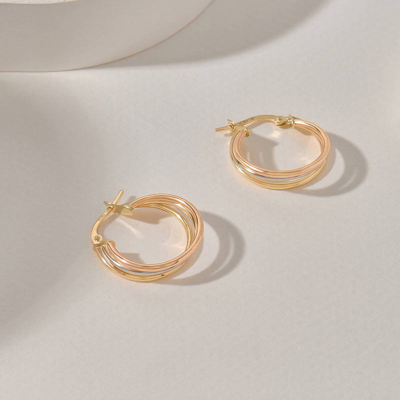 Women's Tri-Tone Hoop Earrings in 14k Yellow Gold